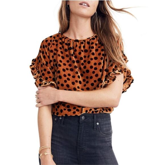 MADEWELL  Velvet Memento Ruffle Sleeve Top in Leopard Dot xs - Picture 1 of 9